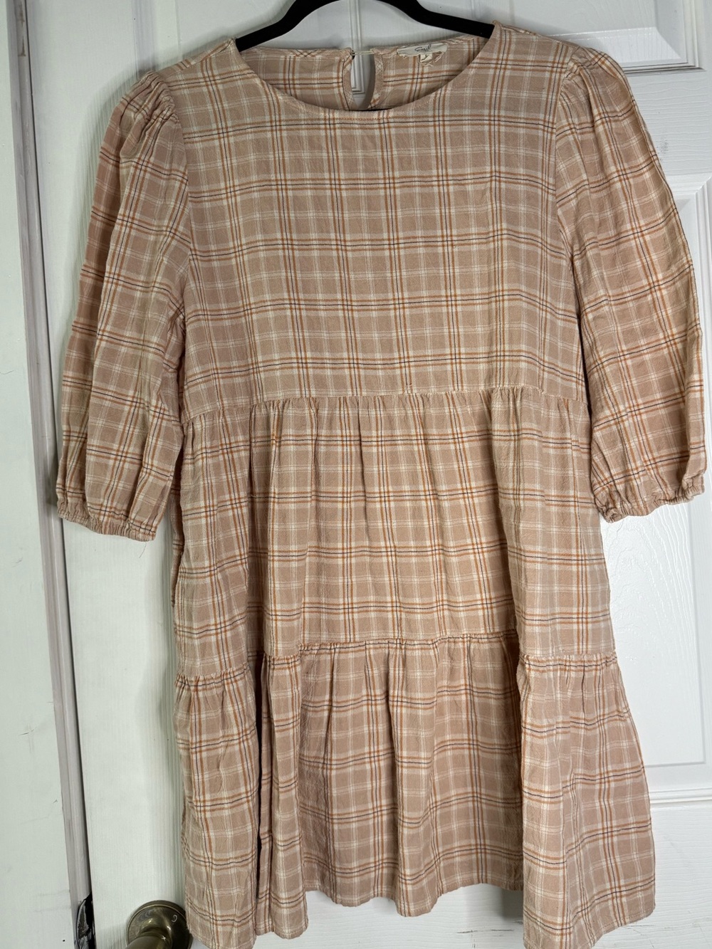 Easel babydoll country chic Plaid Light Tunic dress Cream Tan oversized small
